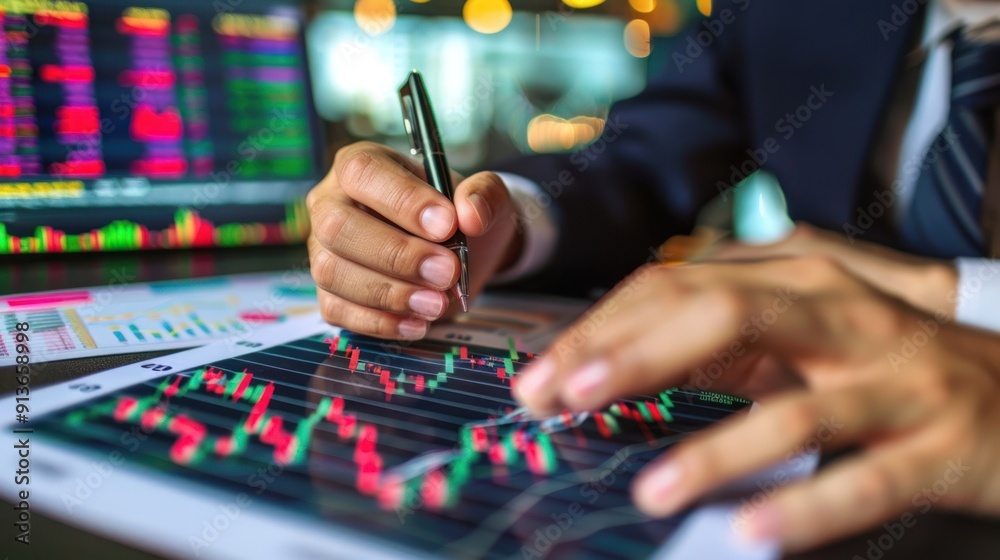 Closeup a businessman is writing with a pen on a piece of paper with finance graphs Closeup a businessman is writing with a pen on a piece of paper with finance graphs