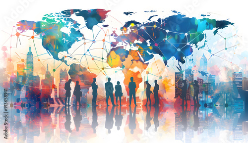 Global business structure of networking, Illustrate the concept of a worldwide business network with visuals of diverse professionals, international collaboration, and a connected digital world design