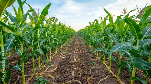 lush green cornfield rows, vibrant greenery, rural agriculture landscape, sunlit summer field, perspective view.