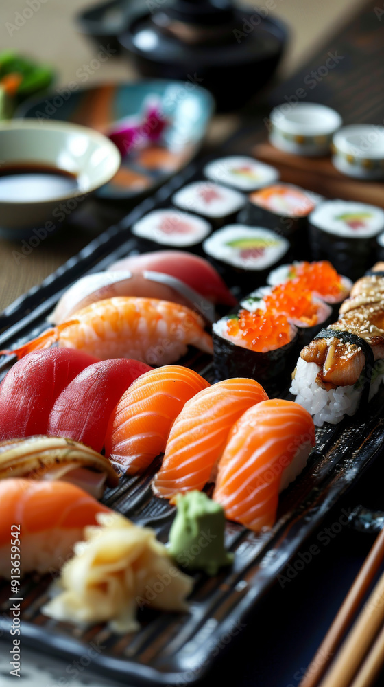 An exquisite assortment of nigiri sushi and maki rolls, featuring tuna, salmon, eel, and avocado, meticulously arranged on a traditional Japanese lacquerware platter An exquisite assortment of nigiri sushi and maki rolls, featuring tuna, salmon, eel, and avocado, meticulously arranged on a traditional Japanese lacquerware platter