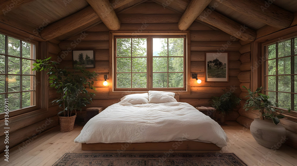 Cozy log cabin bedroom with large windows and a comfy bed. Cozy log cabin bedroom with large windows and a comfy bed.