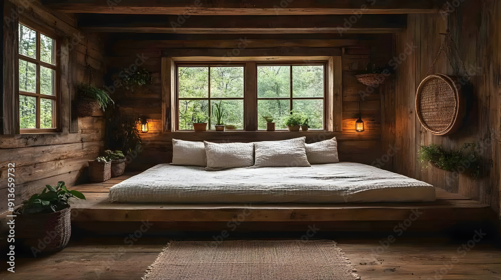 Rustic wooden cabin bedroom with bed and window. Rustic wooden cabin bedroom with bed and window.