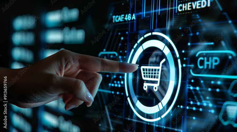 E-commerce and Online Shopping, A Hand Pointing at Digital Shopping Add to Cart Icon on a Screen E-commerce and Online Shopping, A Hand Pointing at Digital Shopping Add to Cart Icon on a Screen