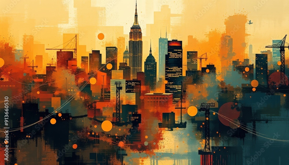 Abstract Cityscape with Yellow Circles.