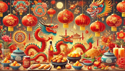 Festive Chinese New Year Still Life with Dragons, Lanterns and Traditional Delicacies.