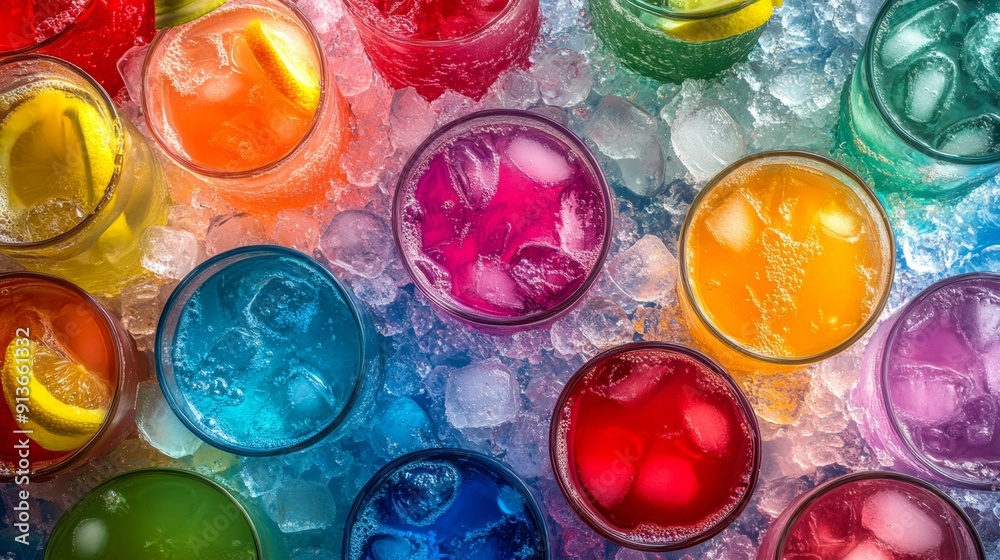 Chilled Delights: Frosty Icebox Filled with Colorful Drinks Chilled Delights: Frosty Icebox Filled with Colorful Drinks