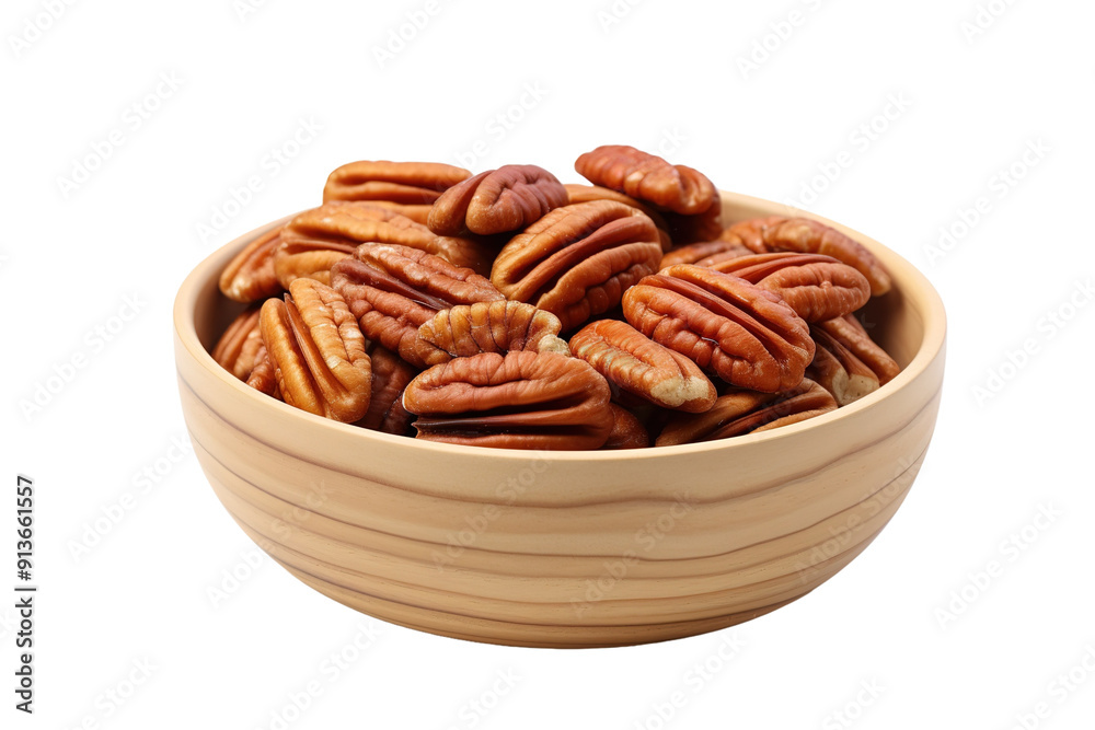 Deliciously Crunchy Pecan Nuts Nestled in a Rustic Wooden Bowl on a Sunny Kitchen Counter on Transparent PNG Background. Deliciously Crunchy Pecan Nuts Nestled in a Rustic Wooden Bowl on a Sunny Kitchen Counter on Transparent PNG Background.