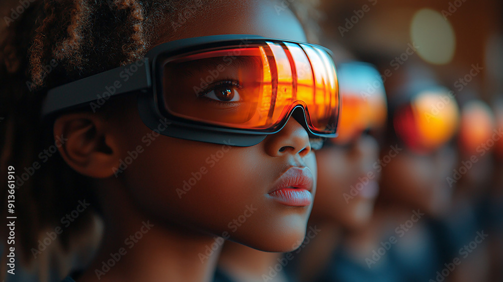 High-resolution image of kids in class with realistic glasses, exploring new technology, back-to-school setting High-resolution image of kids in class with realistic glasses, exploring new technology, back-to-school setting