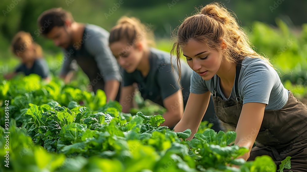 Young adults are working diligently in a lush green vegetable field, focusing on cultivating leafy greens, ideal for promoting organic farming, teamwork, sustainable agriculture, and healthy living, Young adults are working diligently in a lush green vegetable field, focusing on cultivating leafy greens, ideal for promoting organic farming, teamwork, sustainable agriculture, and healthy living,