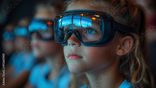 High-resolution image of kids in class with realistic glasses, exploring new technology, back-to-school setting photo