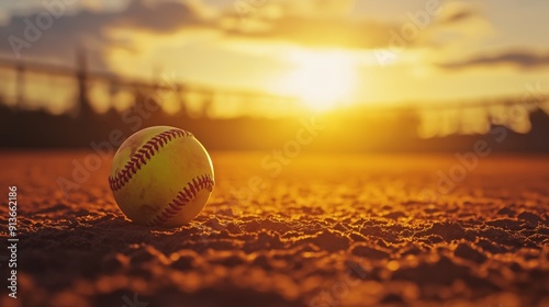 Softball on dirt field at sunset background