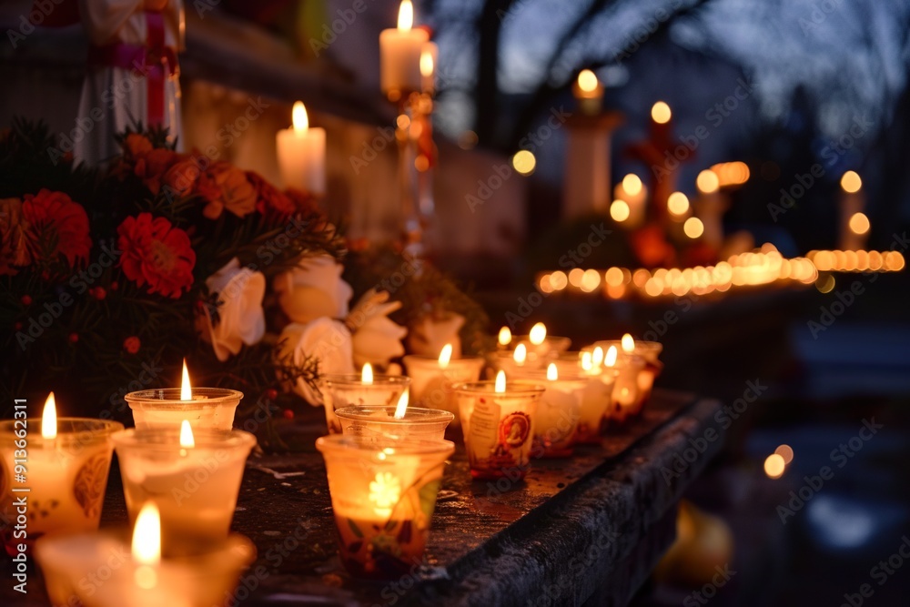 cemetery full of saints and lighted candles, at dusk.All Saints' Day. cemetery full of saints and lighted candles, at dusk.All Saints' Day.