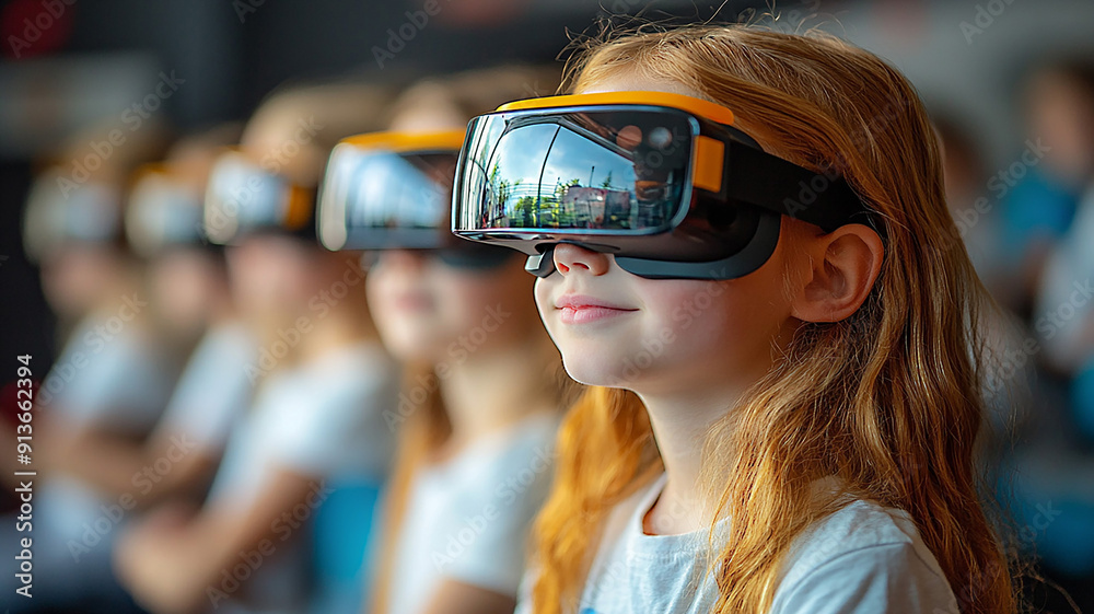 High-resolution back-to-school image of children in a classroom, using realistic glasses to explore technology