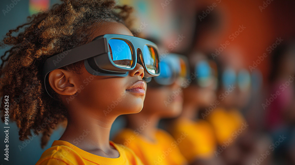Children in class, equipped with realistic glasses for new tech learning, high-resolution back-to-school Children in class, equipped with realistic glasses for new tech learning, high-resolution back-to-school