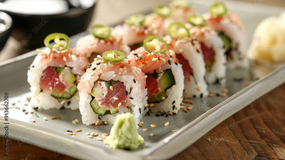 Immerse yourself in a gourmet sushi experience with spicy tuna rolls made from finely chopped tuna, spicy mayo, and crisp cucumber, topped with thinly sliced jalapenos and sesame seeds