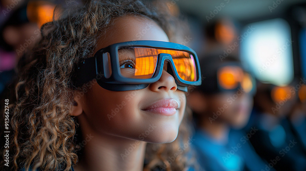 High-resolution image of children in class, using advanced glasses for tech education, back-to-school theme