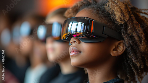 High-resolution image of children in class, using advanced glasses for tech education, back-to-school theme photo