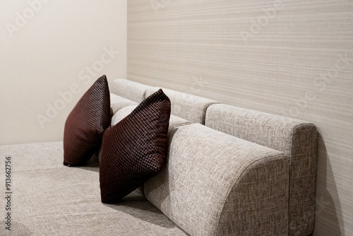 Stylish modern sofa fabric material for pet friendly and water resistant adorned with two dark accent cushion pillows set against a neutral textured wall