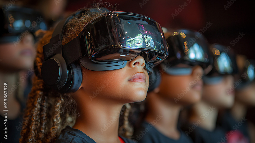 Classroom filled with children, each wearing realistic glasses to learn new tech, high-resolution back-to-school Classroom filled with children, each wearing realistic glasses to learn new tech, high-resolution back-to-school