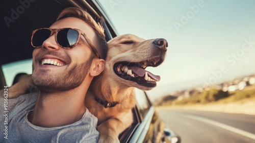 Smiling man wearing sunglasses, with his Golden Retriever dog by his side, both leaning out of a car window at sunny day , seaside view