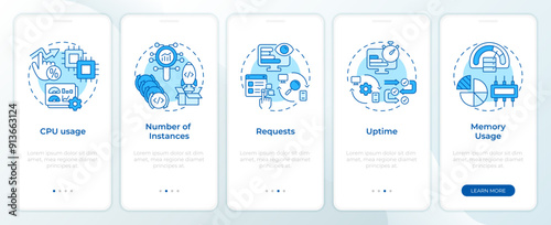 Types of metric monitoring blue onboarding mobile app screen. Walkthrough 5 steps editable graphic instructions with linear concepts. UI, UX, GUI template. Montserrat SemiBold, Regular fonts used
