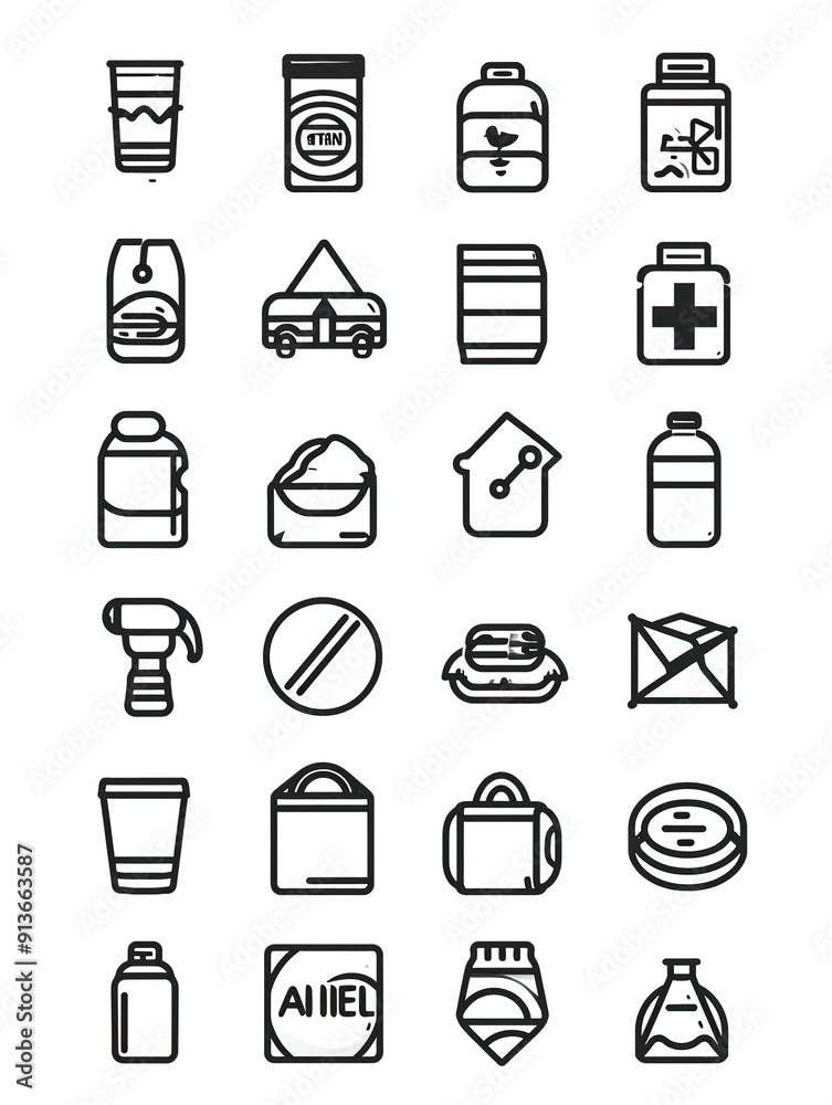 A Collection of 24 Black and White Outline Icons of Various Objects, generative ai image A Collection of 24 Black and White Outline Icons of Various Objects, generative ai image