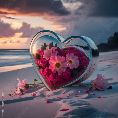 Heart Glass with Flowers at Sunset photo