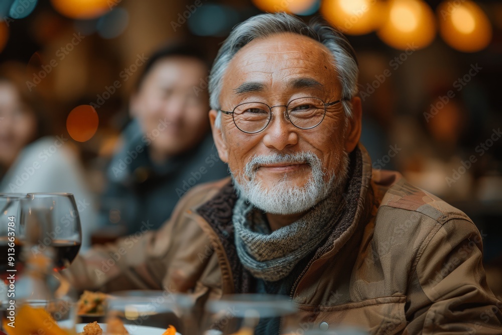 Elderly man with glasses and white beard smiling at restaurant, enjoying social gathering, concept of happiness and social interaction.