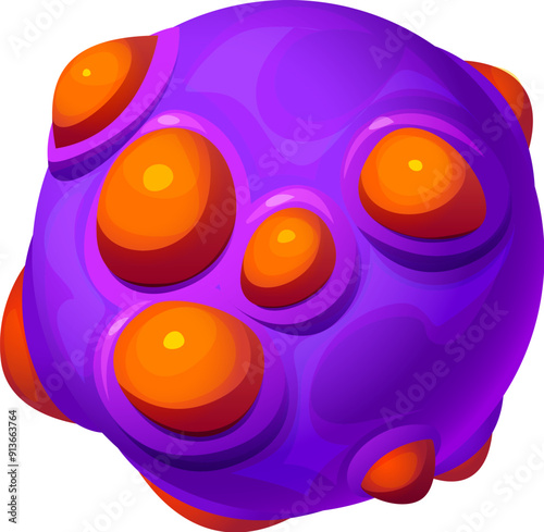 Cartoon fantasy alien space planet, galaxy game asset with purple surface dotted with vibrant orange bumps. Vector unique celestial body at night starry sky conveys a sense of wonder and exploration