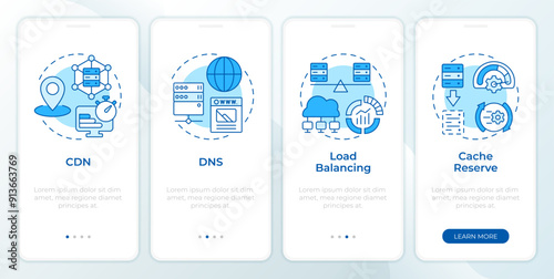 Web scalability techniques blue onboarding mobile app screen. Walkthrough 4 steps editable graphic instructions with linear concepts. UI, UX, GUI template. Montserrat SemiBold, Regular fonts used
