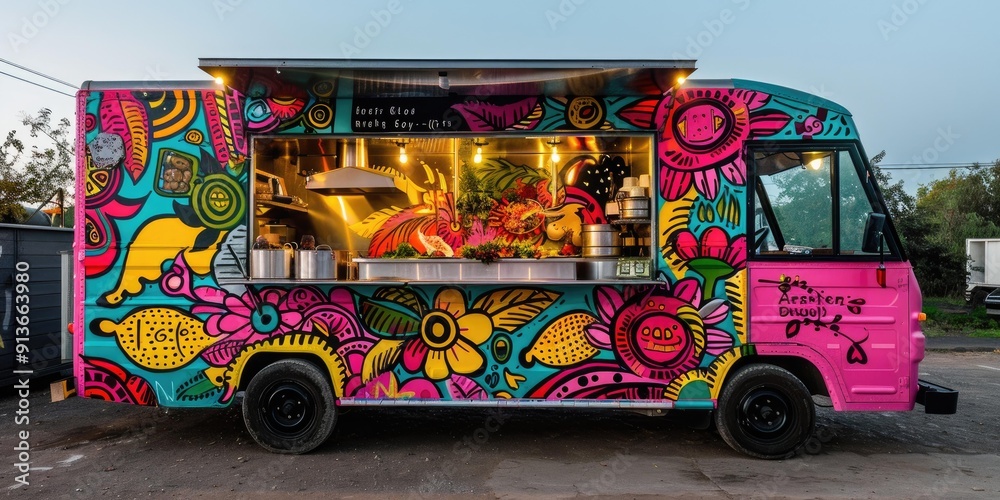 Naklejka premium A colorful food truck with vibrant graffiti.