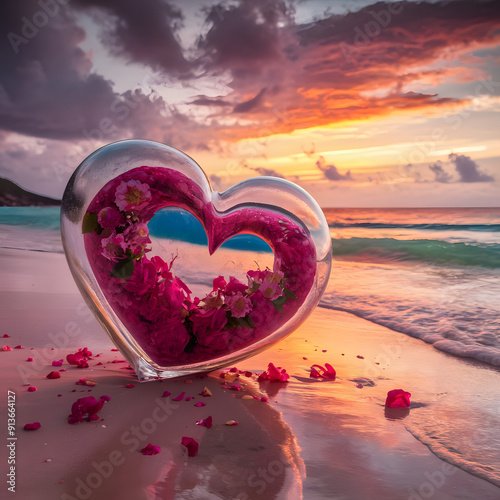 Heart Glass with Flowers at Sunset photo