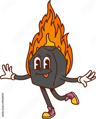 Charcoal piece retro groovy barbeque character. Isolated cartoon vector playful bbq personage with lively eyes, big smile, and burning fire, pieces of coal, ready for barbecue party grilling and fun