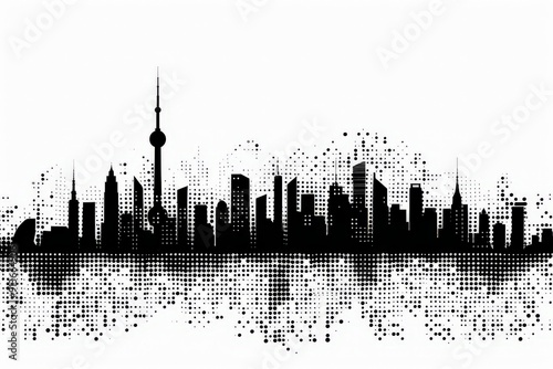 Black Dots city cityscape with dot skyline, City buildings silhouette illustration on white background