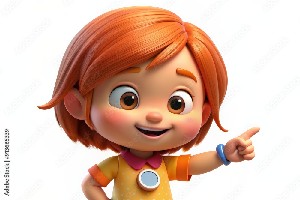 A cheerful cartoon girl with red hair pointing happily, dressed in a colorful outfit, exuding joy and excitement. A cheerful cartoon girl with red hair pointing happily, dressed in a colorful outfit, exuding joy and excitement.