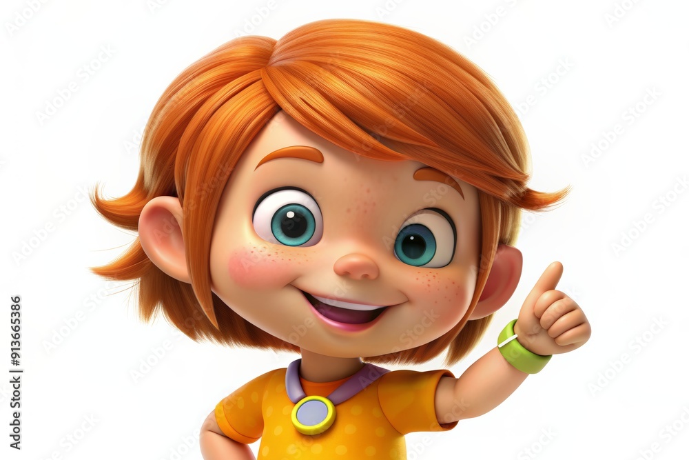 A cheerful cartoon girl with red hair pointing happily, dressed in a colorful outfit, exuding joy and excitement. A cheerful cartoon girl with red hair pointing happily, dressed in a colorful outfit, exuding joy and excitement.