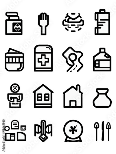 A Set of 16 Black and White Line Icons, generative ai image