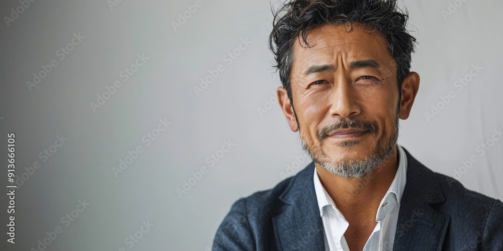 Obraz premium Middle-aged man with a confident and kind expression, dressed in a casual suit jacket.