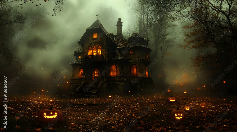 Haunted house in a misty forest with glowing jack-o'-lanterns. Haunted house in a misty forest with glowing jack-o'-lanterns.