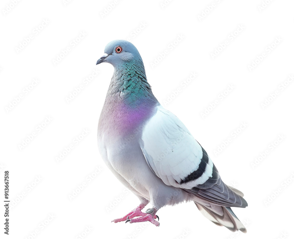 A close-up of a single pigeon with a white background, the pigeon is looking to the left side of the image, with a light blue and white color. A close-up of a single pigeon with a white background, the pigeon is looking to the left side of the image, with a light blue and white color.
