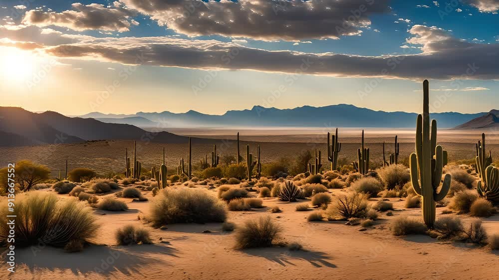 Expansive Wild West scene with cacti and blue skies Expansive Wild West scene with cacti and blue skies