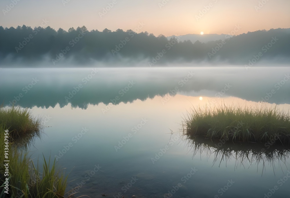 Vast lake surrounded by forest with a delicate mist, creating a serene and mystical atmosphere. Vast lake surrounded by forest with a delicate mist, creating a serene and mystical atmosphere.