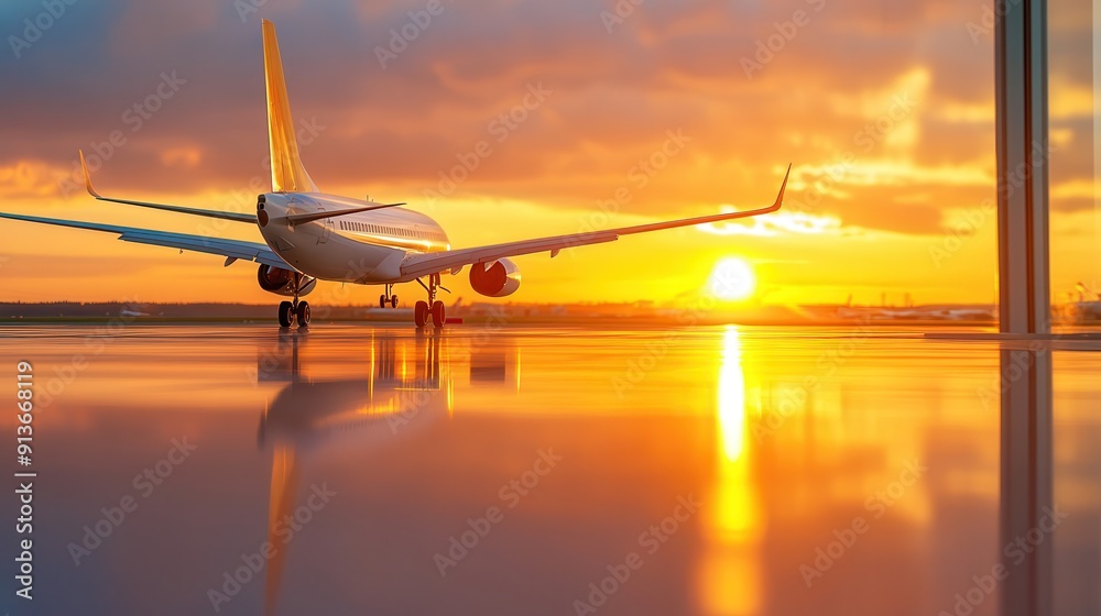 Fototapeta premium Embracing New Horizons: Early Morning Flight Boarding on Monday at Airport with Copy Space for Text