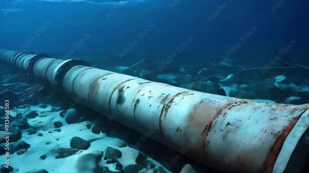 Pipeline for gas or oil transport. Pipeline extending underwater across a rocky ocean floor with clear blue water Pipeline for gas or oil transport. Pipeline extending underwater across a rocky ocean floor with clear blue water