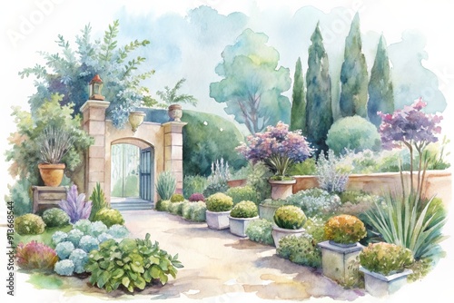 A tranquil watercolor illustration of a beautifully landscaped garden with blooming flowers, lush greenery, and stone pathways, evoking peace and relaxation.