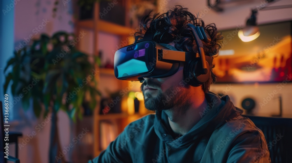 Amazed young man is wearing VR set, having interesting game experience. Horizontal studio shot. Amazed young man is wearing VR set, having interesting game experience. Horizontal studio shot.