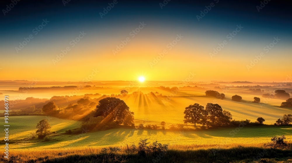 Tranquil Monday Morning Sunrise in Misty Countryside - Serene Landscape with Copy Space for Text Tranquil Monday Morning Sunrise in Misty Countryside - Serene Landscape with Copy Space for Text