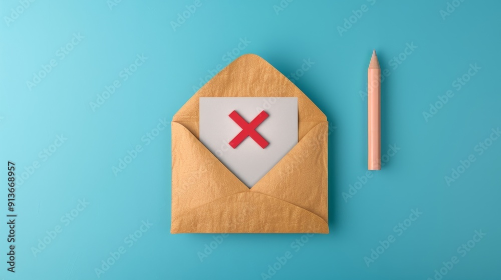 Envelope with Red Cross and Pencil on Blue Background Envelope with Red Cross and Pencil on Blue Background