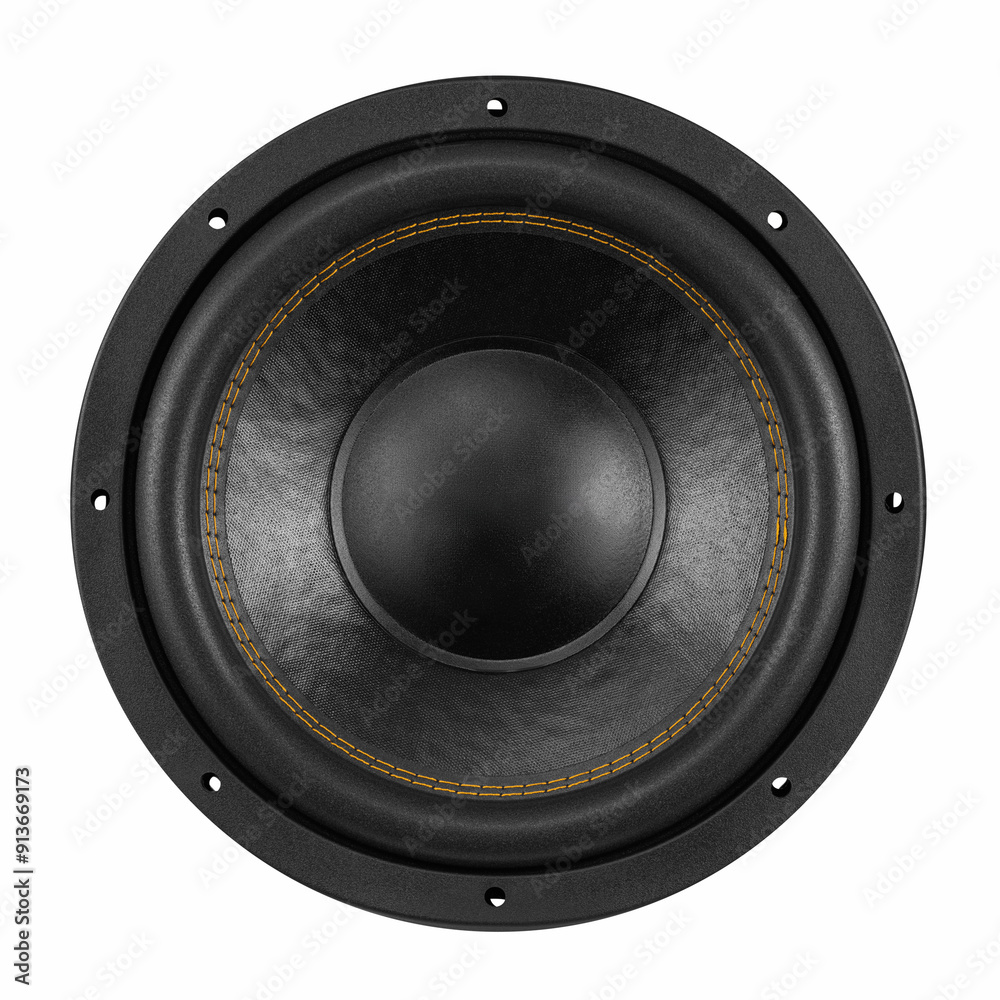 Subwoofer Speaker. Black Round Car Coaxial Audio Speaker With Mounting Location. Front view. Isolate on white background. Copy space. High quality photo Subwoofer Speaker. Black Round Car Coaxial Audio Speaker With Mounting Location. Front view. Isolate on white background. Copy space. High quality photo