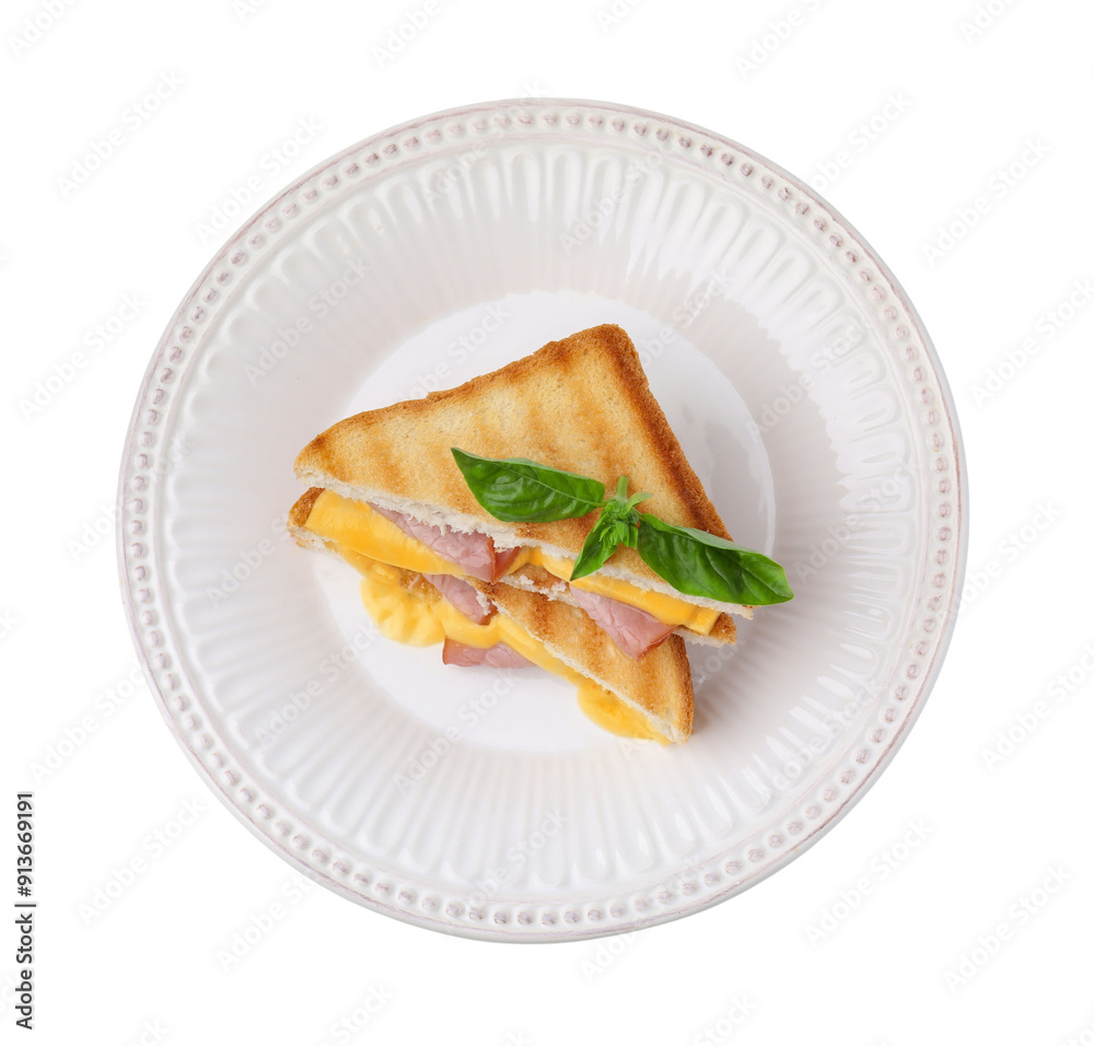 Pieces of toasted bread with melted cheese, ham and basil isolated on white, top view Pieces of toasted bread with melted cheese, ham and basil isolated on white, top view
